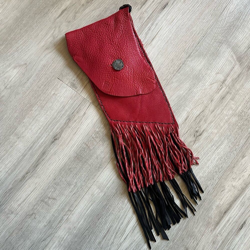 Artisan Made Red Pebble Leather Satchel Pouch Bag Raw Edge Unlined Fringe Cross